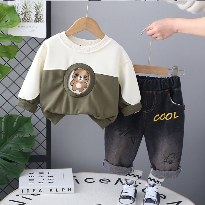 Toddler 2-Piece Bear Print Sweatshirt & Jeans Set β Blue or Green (1-5 Years)